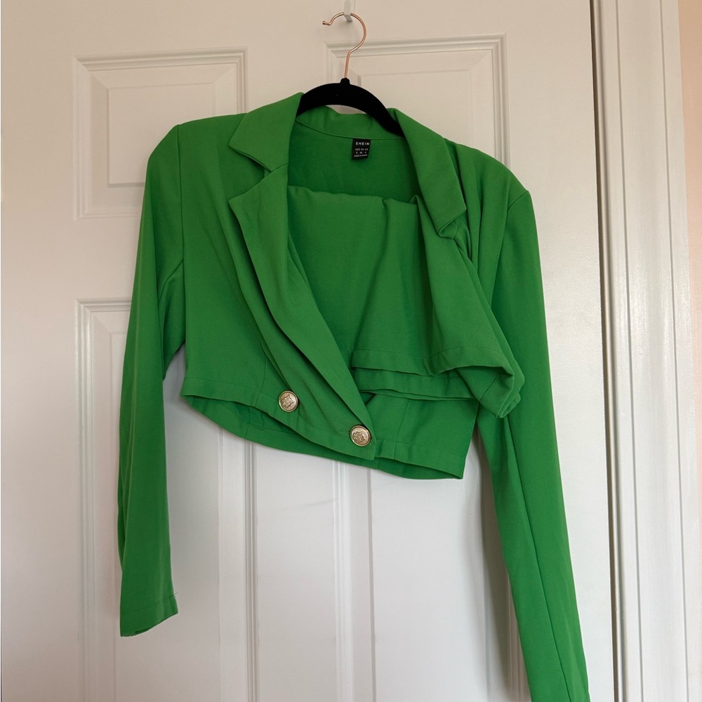 SHEIN Bright Green Cropped Blazer with Gold Buttons